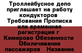 Троллейбусное депо приглашает на работу кондукторов. Требования:Прописка или временная регистрация г. Кемерово Обязанности: Обилечивание пассажиров › Название организации ­ Компания-работодатель › Отрасль предприятия ­ Другое › Минимальный оклад ­ 16 000 - Все города Работа » Вакансии   . Мордовия респ.